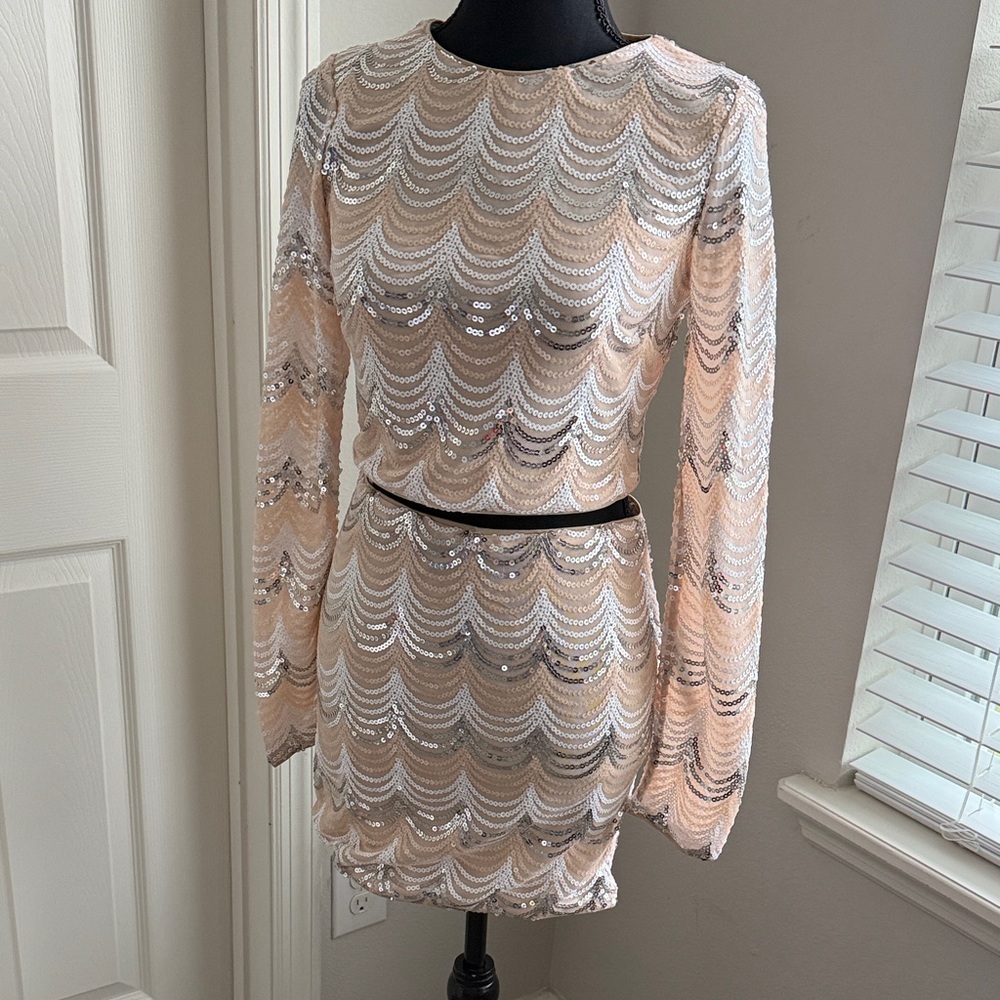 Crystal Doll Sequin 2 piece crop top and mini skirt in Cream and Silver